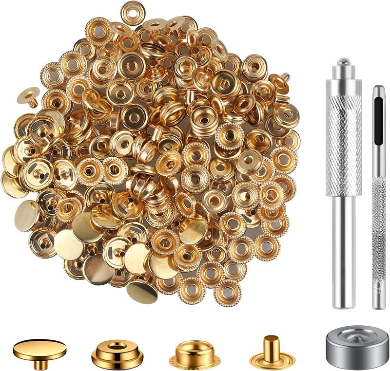 Moocci 200 Pieces (50 Sets) Leather Snap and Fastener Kit Tool 5/8 Inches (15mm) for Bag, Jeans, Clothes, Fabric - Stainless Snaps Button With 15mm Fasteners (Gold) - Image 1